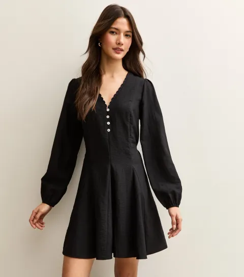 Black Long Sleeve Godet Mini Dress