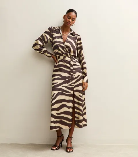 Brown Zebra Print Satin Wrap Midi Dress