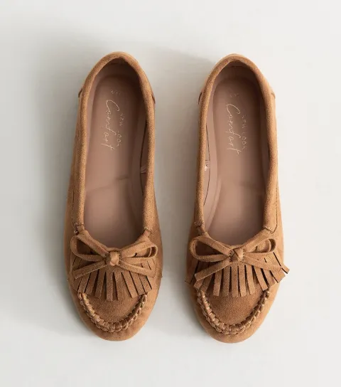 Tan Faux Suede Front Fringe Loafers Vegan