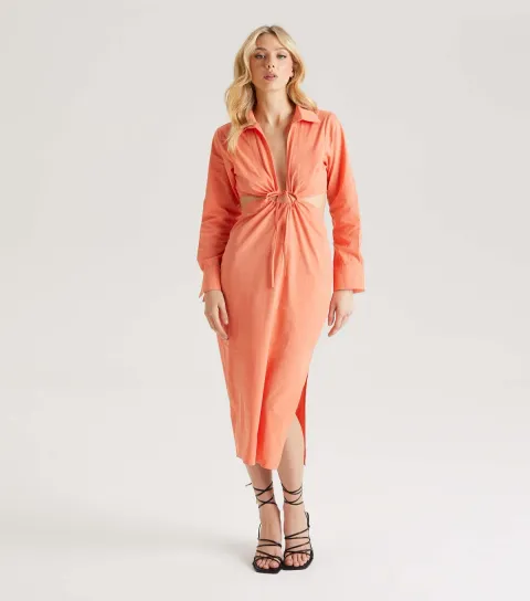 Light Pink Cut Out Tie Front Midi Dress