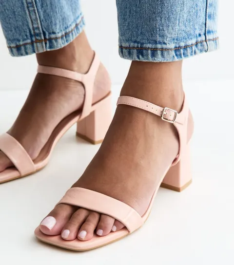 Light Pink Faux Leather Square Toe Block Heel Sandals Vegan