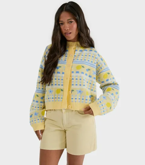Bright Yellow Lemon Pattern Striped Cardigan