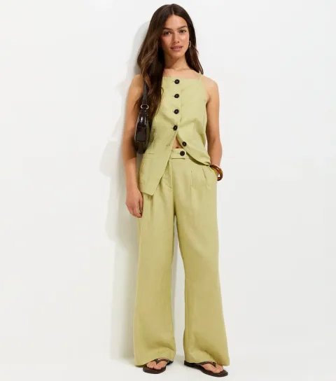 Petite Light Green Linen Rich Tailored Trousers