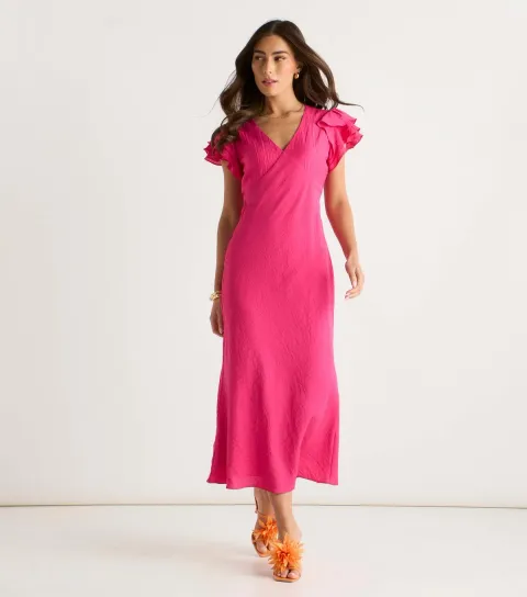 Dark Pink V Neck Ruffle Midi Dress