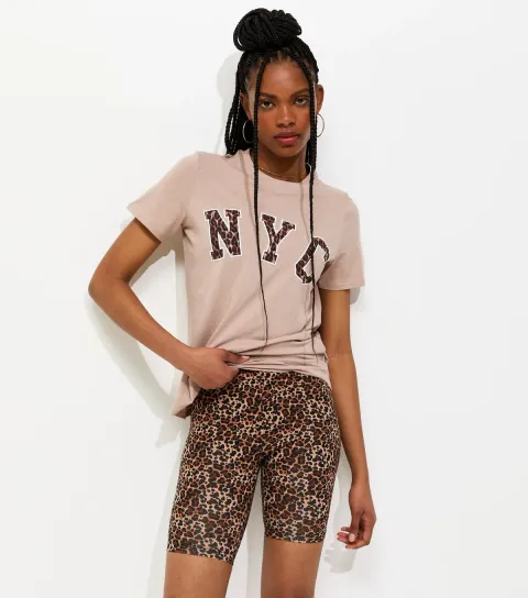 Mink Cotton Leopard Print NYC Logo T-Shirt
