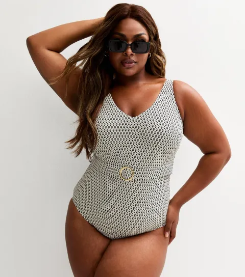 Plus Size Black Geometric Print Belted Swimsuit Curves