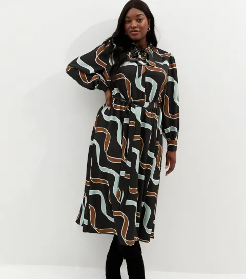 Plus Size Blue and Brown Ribbon Long Sleeve Pussybow Midi Dress Curves
