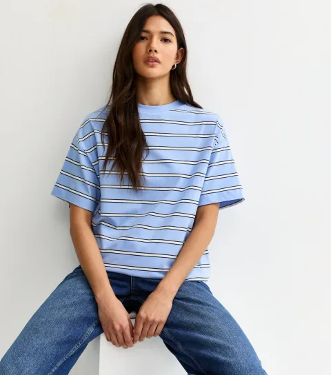 Blue Cotton Striped Oversized T-Shirt