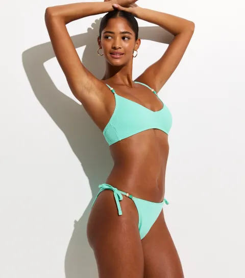 Turquoise Beaded Trim Side Tie Bikini Bottoms