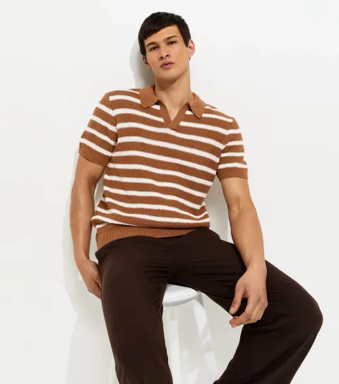 Brown Stripe Tuck Stitch Regular Polo Top