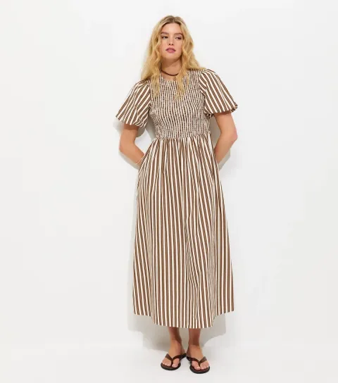 Brown Striped Puff Sleeves Shirred Smock Midi Dress