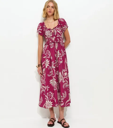 Burgundy Leaf Pattern Shirred Midi Dress