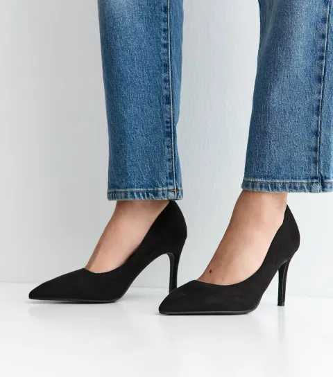 Extra Wide Fit Black Faux Suede Pointed Toe Court Shoes