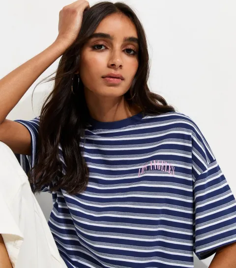 Blue Cotton Striped Los Angeles Logo Oversized T-Shirt