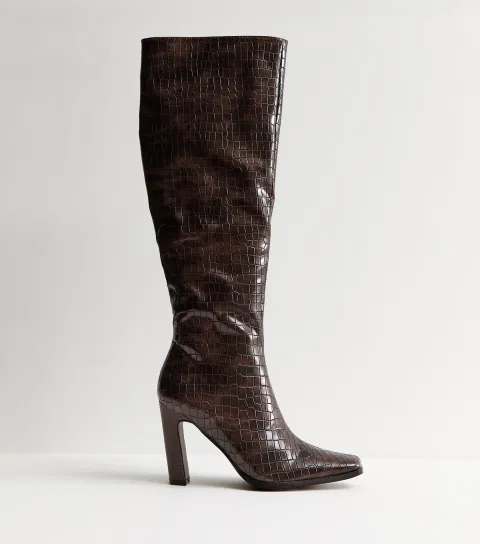 Brown Acquilla Faux Croc Knee High Boots