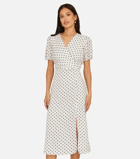 White Spot Print Wrap Tea Midi Dress