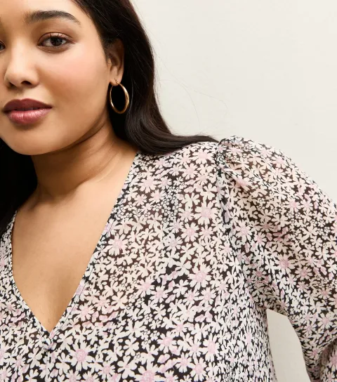 Plus Size Light Pink Daisy V- Neck Sheer Chiffon Tea Blouse Curves