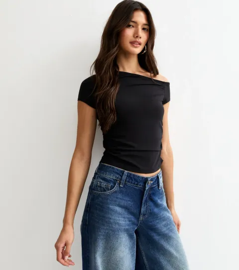 Black Slinky Off Shoulder Gathered Side Top