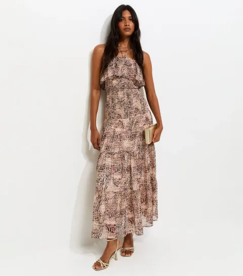 Brown Metallic Leopard Print Halterneck Midi Dress