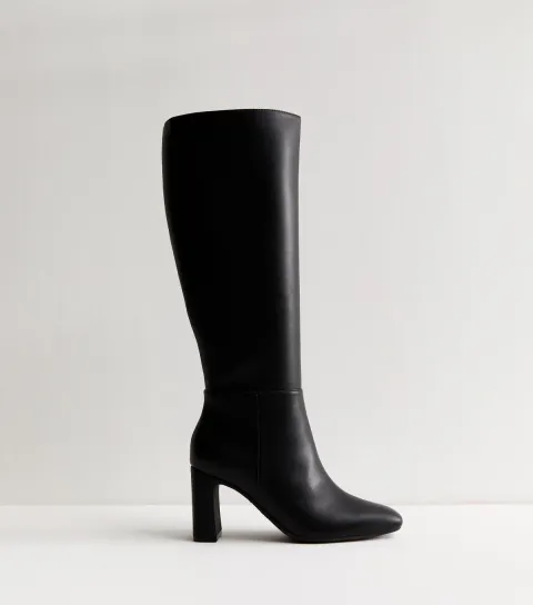 Black Faux Leather Heeled Knee High Boots