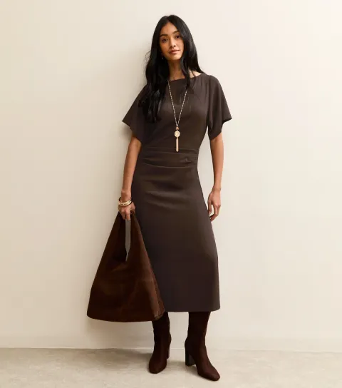 Dark Brown Ruched Waist Short Sleeve Midi Dress