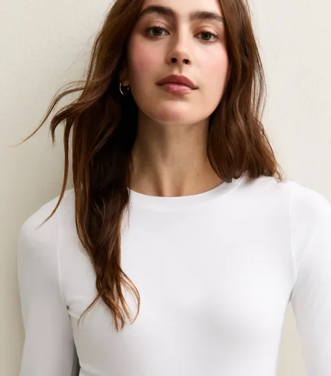 White Stretch Crew Neck Long Sleeve Bodysuit