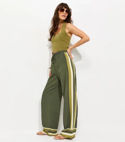 Tall Green Striped Wide Leg Trousers