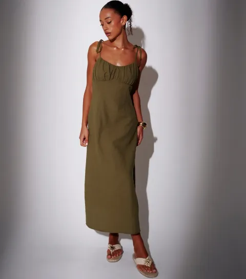 Dark Khaki Ruched Bodice Midi Dress
