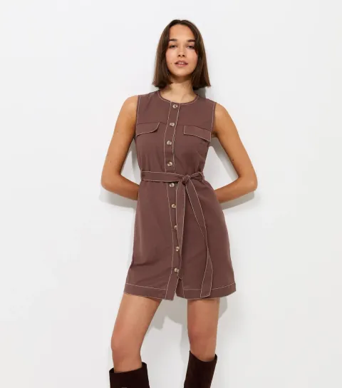 Dark Brown Cotton Rich Contrast Stitch Button Through Mini Dress