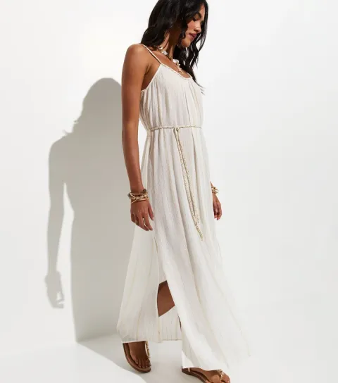 Cream Metallic Braided Trim Beach Maxi Dress