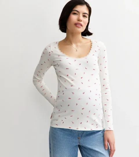 Maternity Cream Rib Leaf Print Long Sleeve Top
