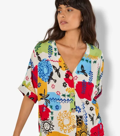Multicoloured Sun Print Button Through Blouse