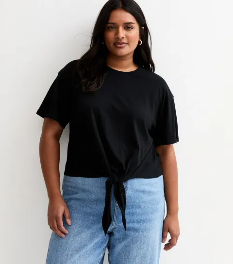 Plus Size Black Tie Front T-Shirt Curves