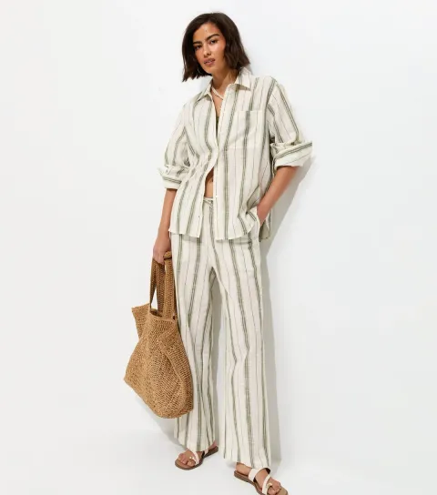Green Cotton Striped Wide Leg Trousers