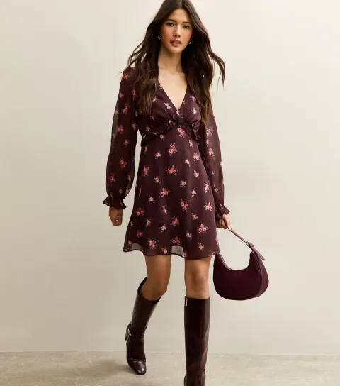 Burgundy Floral Chiffon Mini Dress