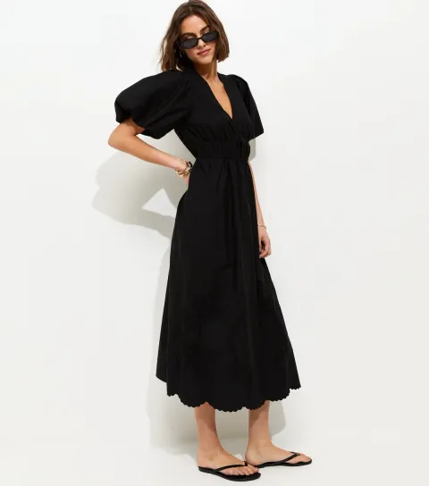 Black Cotton Puff Sleeve Midi Dress