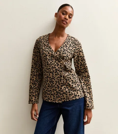 Brown Soft Touch Leopard Print Wrap Cardigan