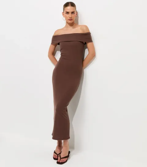 Dark Brown Off Shoulder Bardot Midi Dress