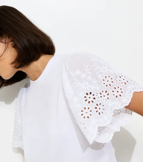 White Broderie Anglaise Sleeve T-Shirt