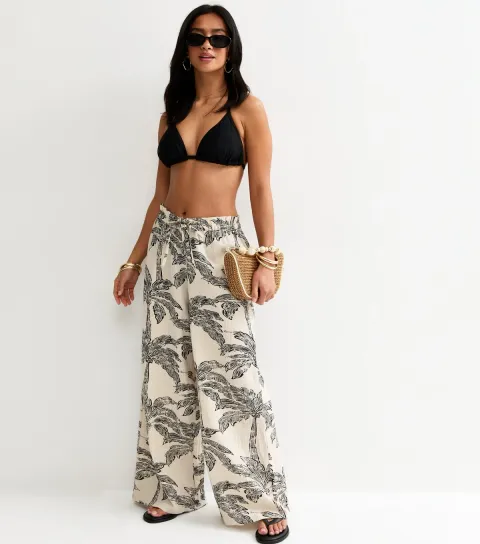 Petite Cream Palm Tree Print Beach Wide Leg Trousers