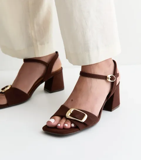 Dark Brown Faux Suede Front Buckle Block Heel Sandals Vegan
