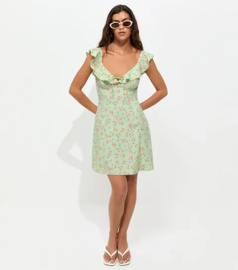 Green Crepe Ditsy Print Ruffle Trim Mini Dress