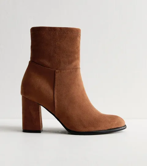 Wide Fit Brown Faux Suede Block Heel Ankle Boots Vegan