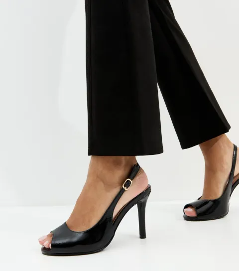 Black Faux Leather Patent Peep Toe Slingback Court Shoes Vegan
