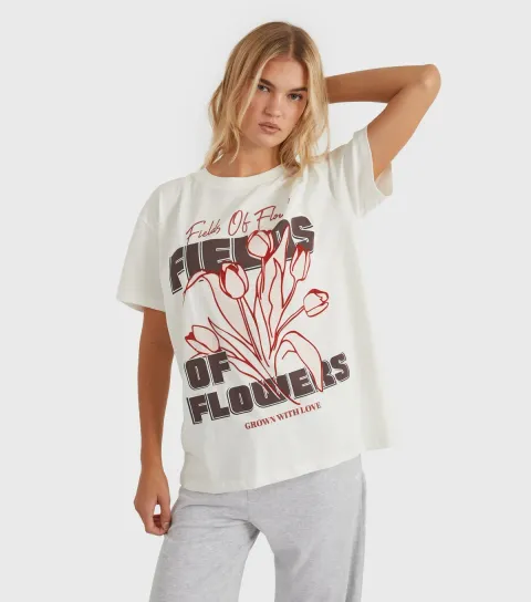 White Fields Of Flower Printed T-Shirt