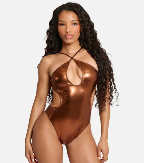 Dark Brown Metallic Halter Neck Cut Out Swimsuit
