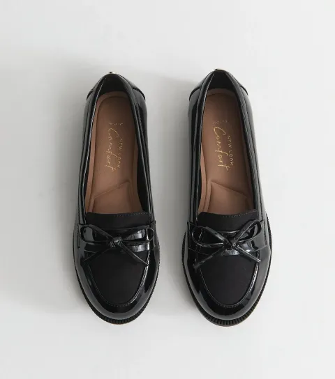 Wide Fit Black Patent Faux Leather Bow Loafers Vegan