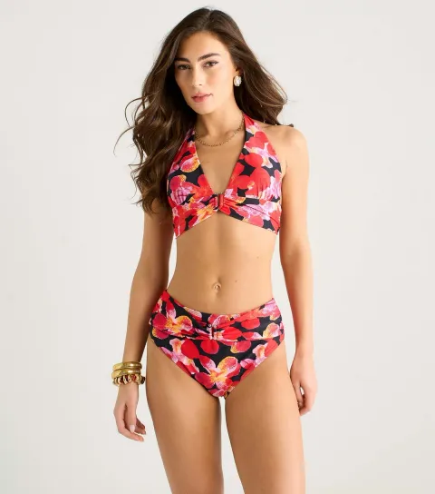 Black Floral Print High Waisted Bikini Bottoms