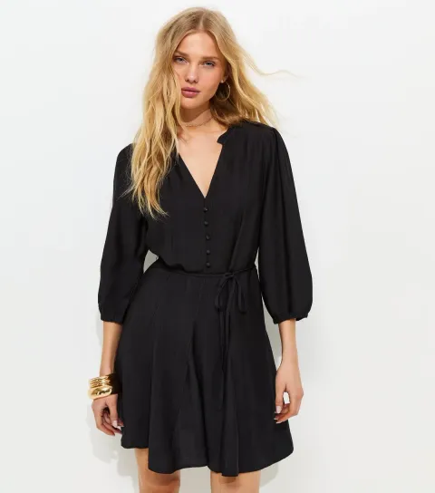 Black Godet Skirt Belted Mini Shirt Dress