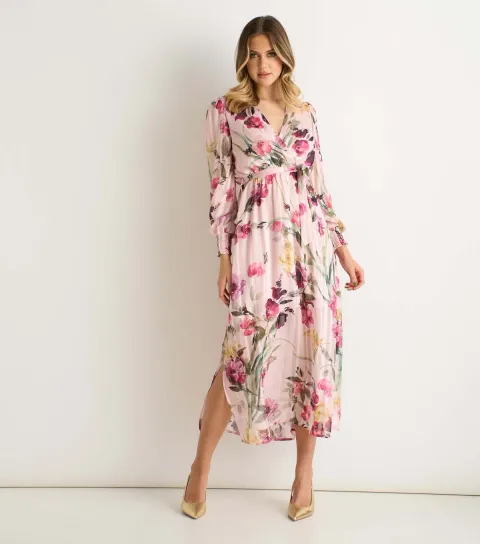 Light Pink Wrap Floral Midi Dress